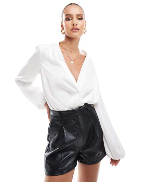 ASOS DESIGN shoulder pad plunge bodysuit in cream - view 1