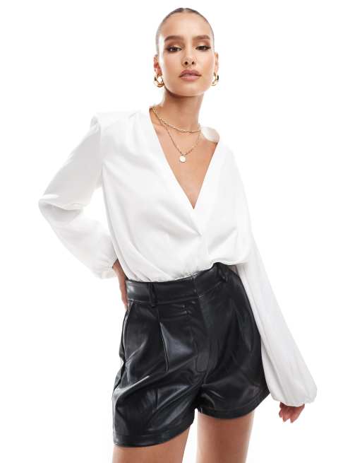 ASOS DESIGN shoulder pad plunge bodysuit in cream