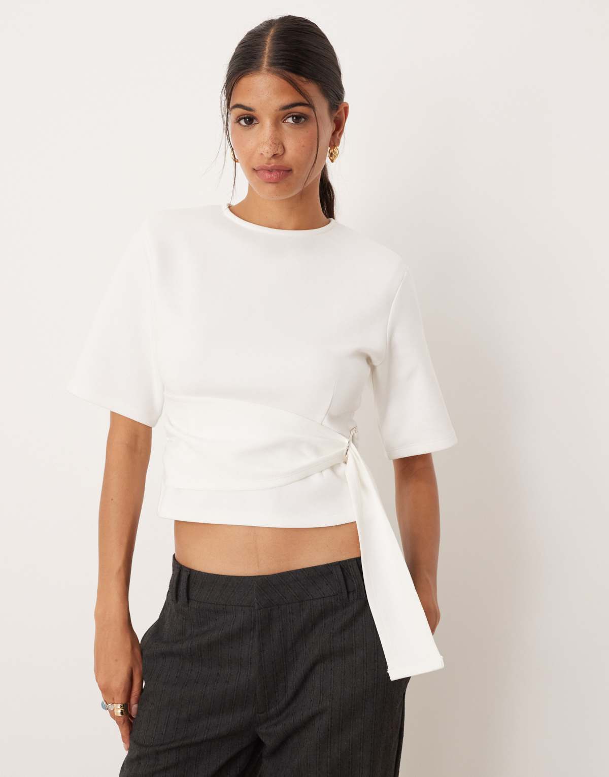 ASOS DESIGN shoulder pad ponte top with trim tie waist detail in ivory