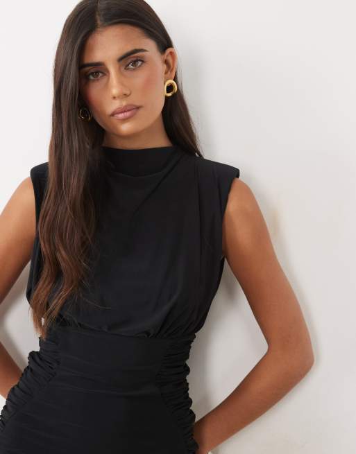 ASOS DESIGN shoulder pad ruched side bodycon dress in heavy soft touch in black, 4 of 4