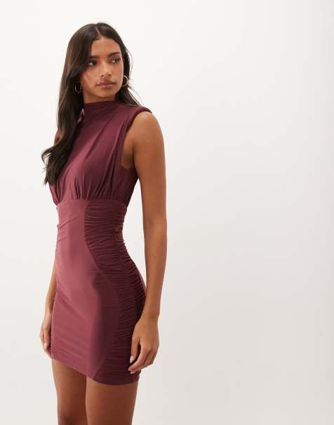 ASOS DESIGN shoulder pad ruched side bodycon dress in heavy soft touch in wine - view 1
