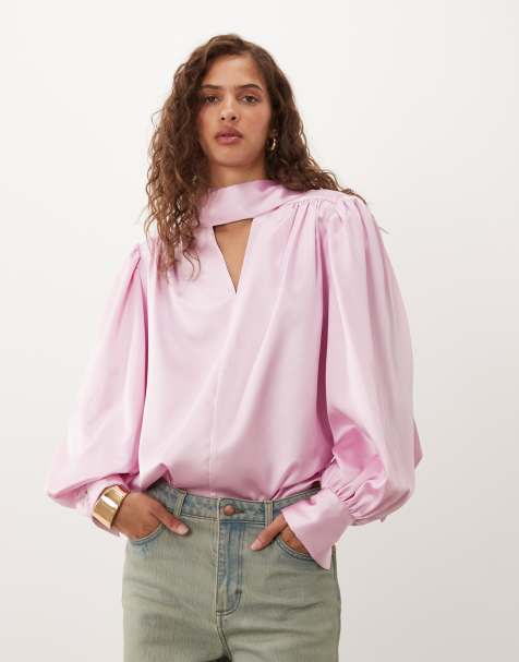 ASOS DESIGN shoulder pad satin blouse in pink - view 1