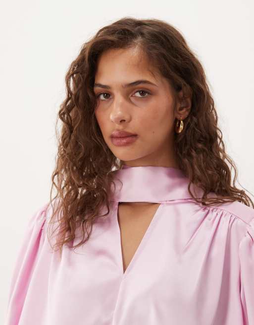 ASOS DESIGN shoulder pad satin blouse in pink, 2 of 4