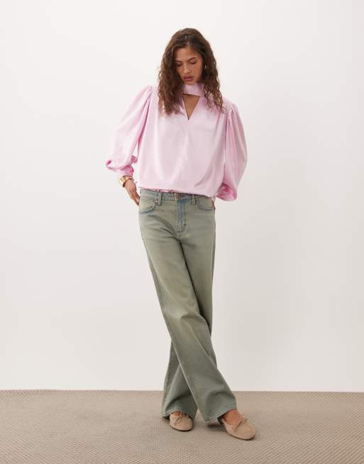 ASOS DESIGN shoulder pad satin blouse in pink, 3 of 4
