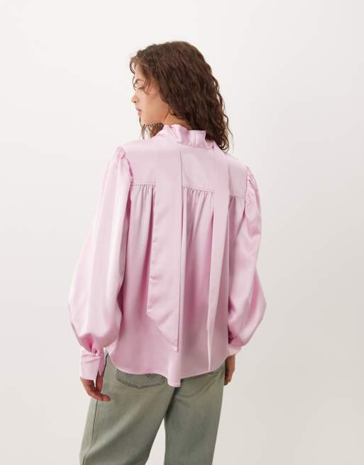 ASOS DESIGN shoulder pad satin blouse in pink, 4 of 4
