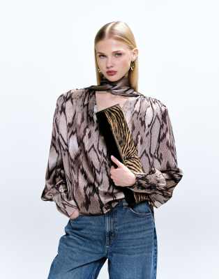 Asos Design Shoulder Pad Satin Blouse In Multi