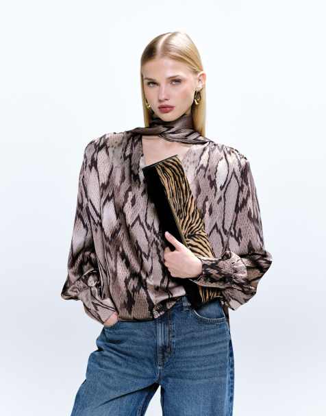 ASOS DESIGN shoulder pad satin blouse in snake print - view 1