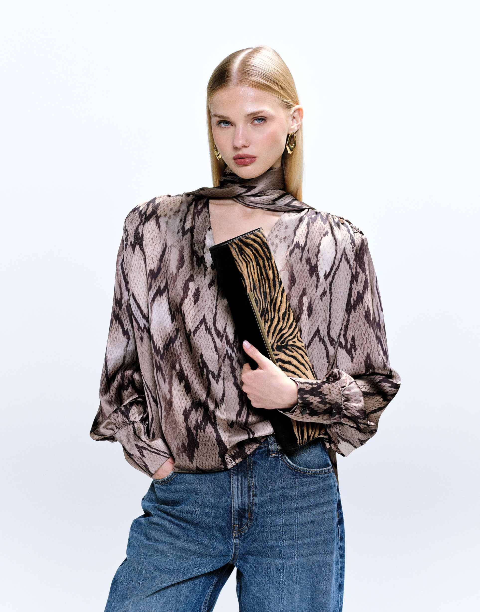 asos design shoulder pad satin blouse in snake print