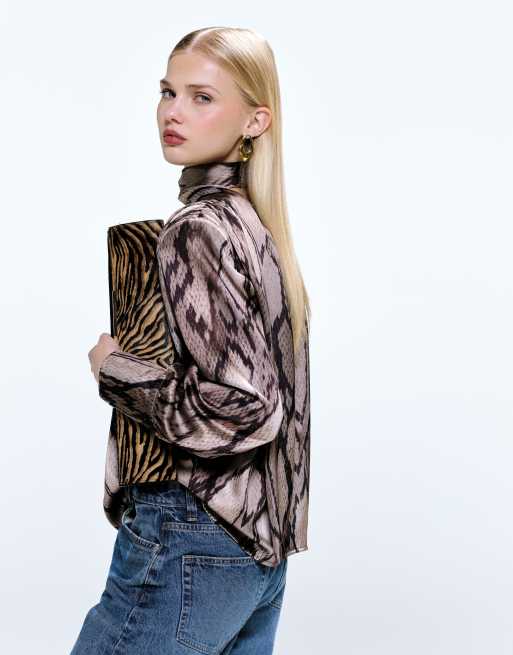 ASOS DESIGN shoulder pad satin blouse in snake print, 3 of 4