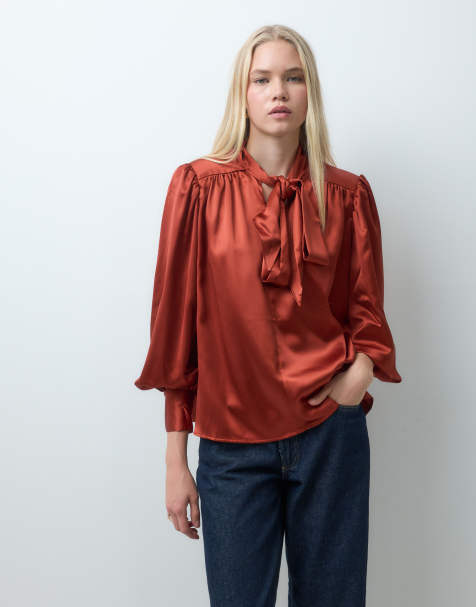 ASOS DESIGN shoulder pad satin blouse rust - view 1