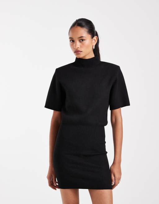 ASOS DESIGN shoulder pad short sleeve ruched dress in black, 4 of 4