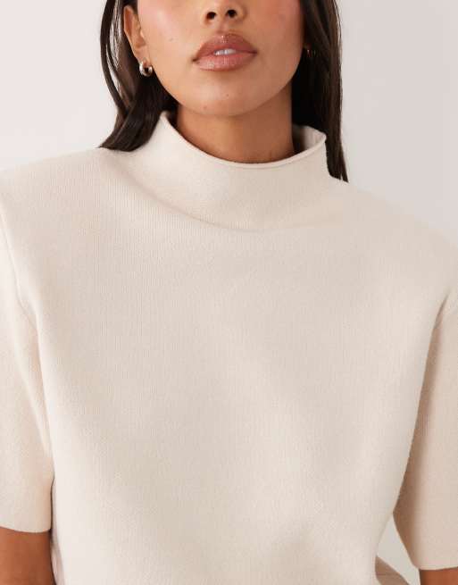 ASOS DESIGN shoulder pad short sleeve ruched dress in cream, 3 of 4