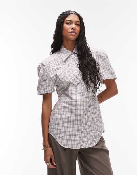 ASOS DESIGN shoulder pad short sleeve shirt in brown check