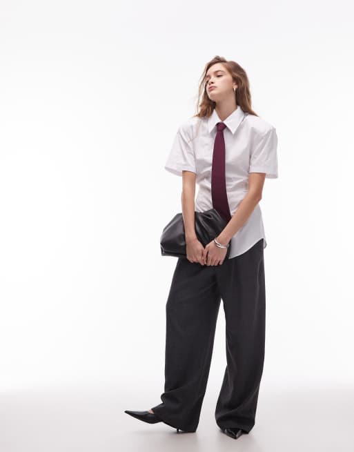 ASOS DESIGN shoulder pad short sleeve shirt with polka dot tie in white