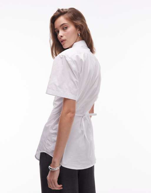 ASOS DESIGN shoulder pad short sleeve shirt with polka dot tie in white
