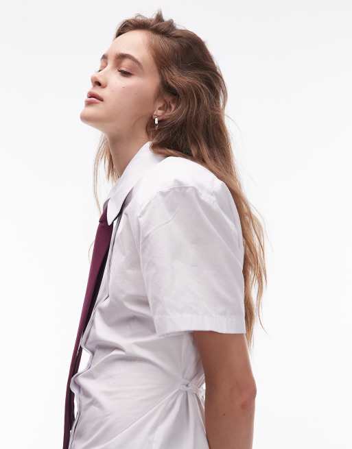 ASOS DESIGN shoulder pad short sleeve shirt with polka dot tie in white