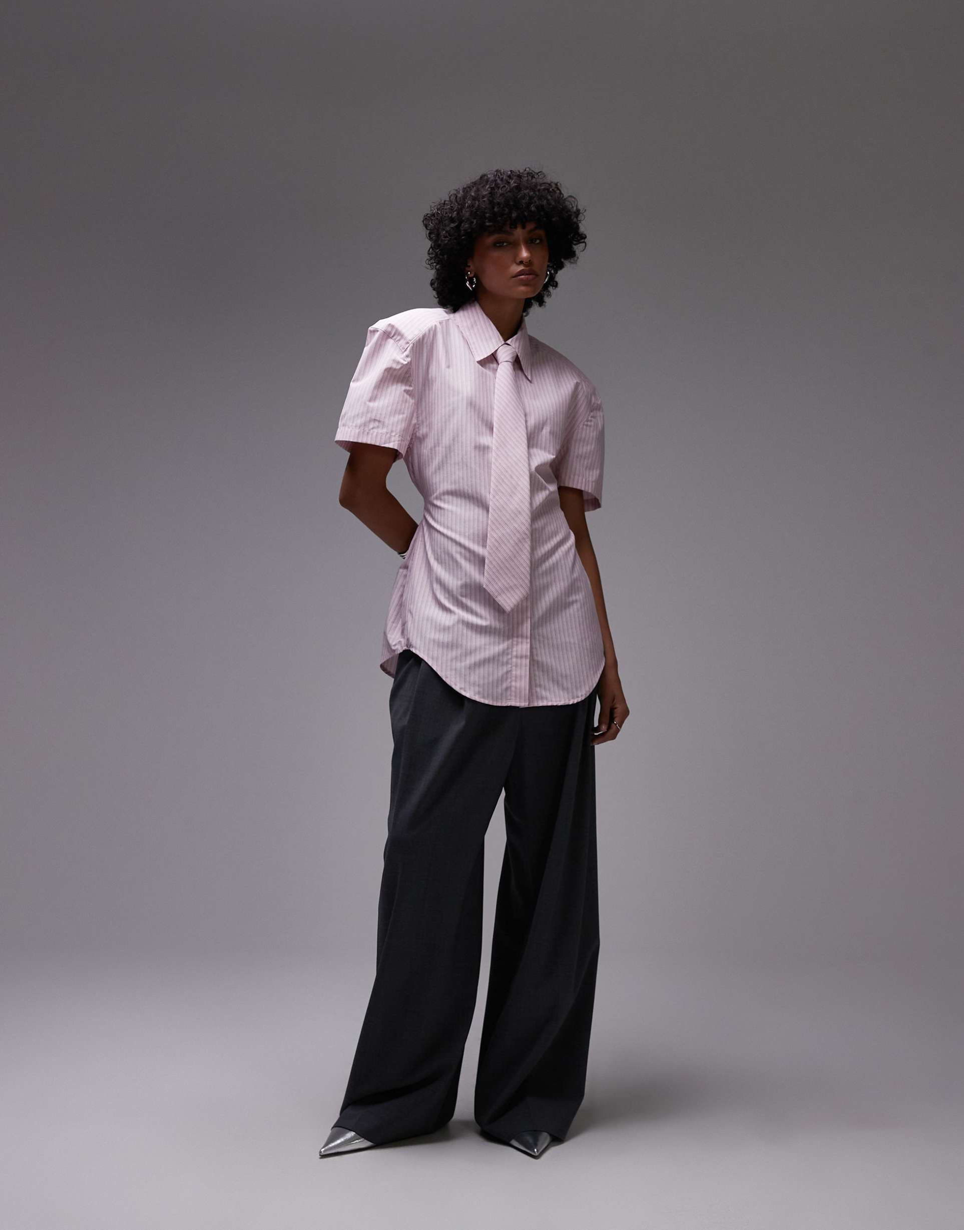 asos design shoulder pad short sleeve shirt with tie in pink stripe