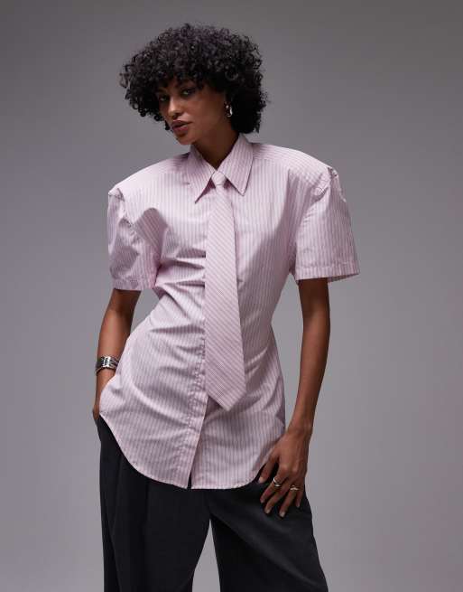ASOS DESIGN shoulder pad short sleeve shirt with tie in pink stripe