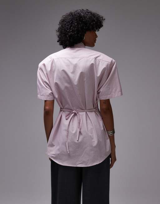 ASOS DESIGN shoulder pad short sleeve shirt with tie in pink stripe