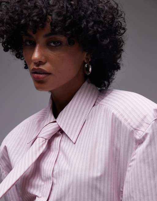 ASOS DESIGN shoulder pad short sleeve shirt with tie in pink stripe