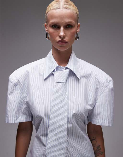ASOS DESIGN shoulder pad short sleeve shirt with tie in stripe