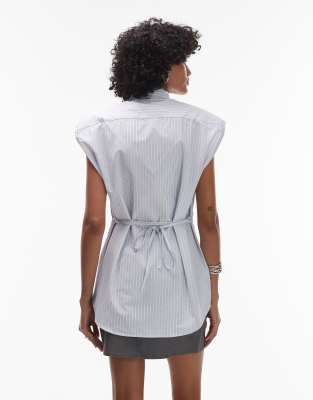 ASOS DESIGN shoulder pad sleeveless shirt with tie in blue stripe