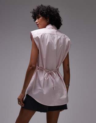 ASOS DESIGN shoulder pad sleeveless shirt with tie in pink