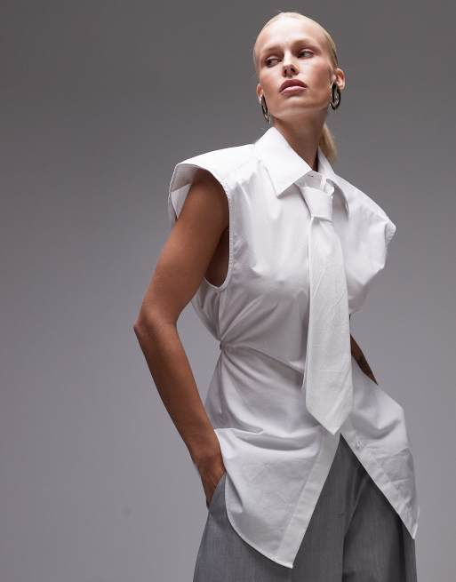 ASOS DESIGN shoulder pad sleeveless shirt with tie