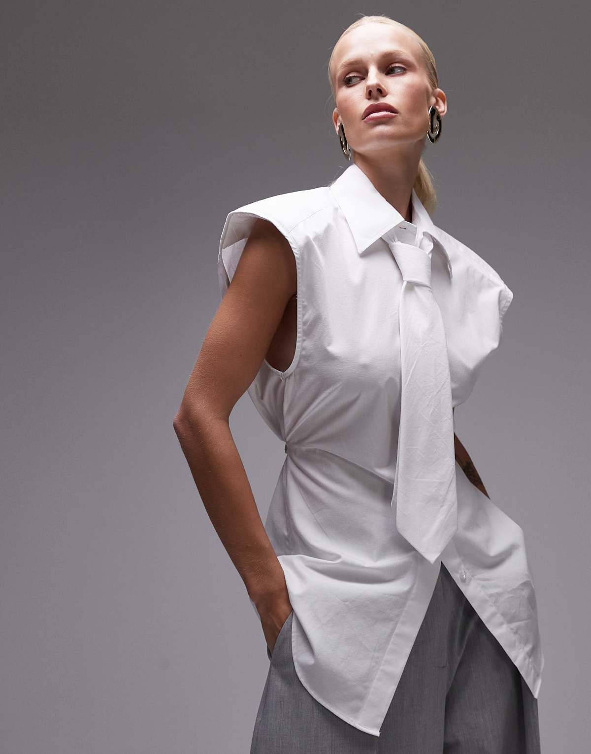 ASOS DESIGN shoulder pad sleeveless shirt with tie