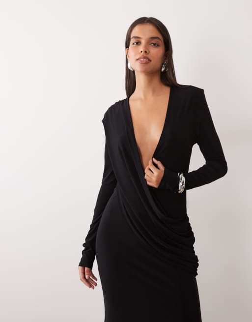 ASOS DESIGN shoulder pad slinky maxi dress with sweeping drape detail in black, 2 of 4
