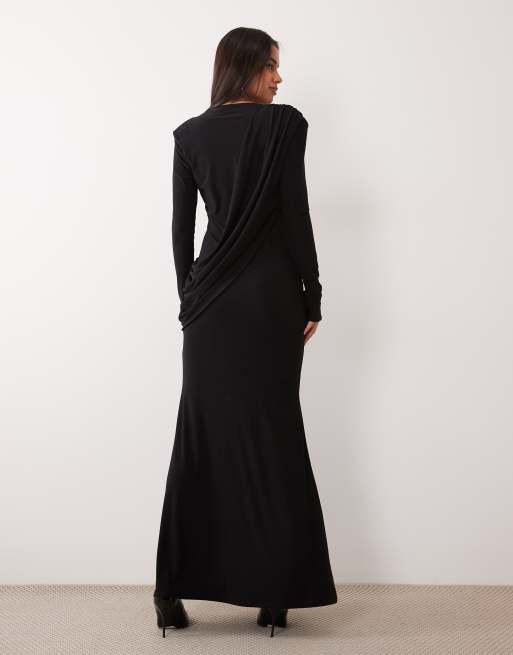 ASOS DESIGN shoulder pad slinky maxi dress with sweeping drape detail in black, 4 of 4