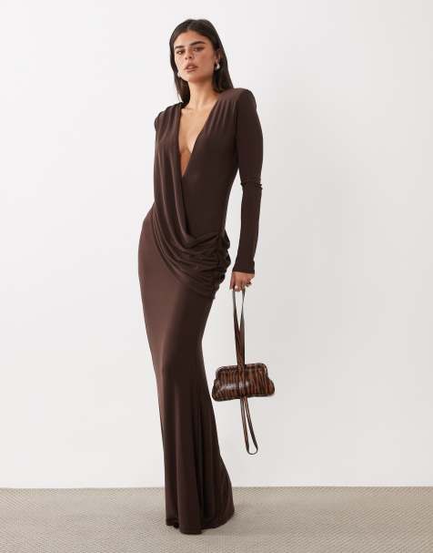 ASOS DESIGN shoulder pad slinky maxi dress with sweeping drape detail in chocolate - view 1