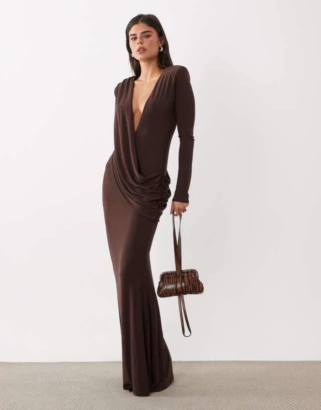 formal dress with shoulder pads ASOS DESIGN pad slinky maxi sweeping drape detail in chocolate new in womens