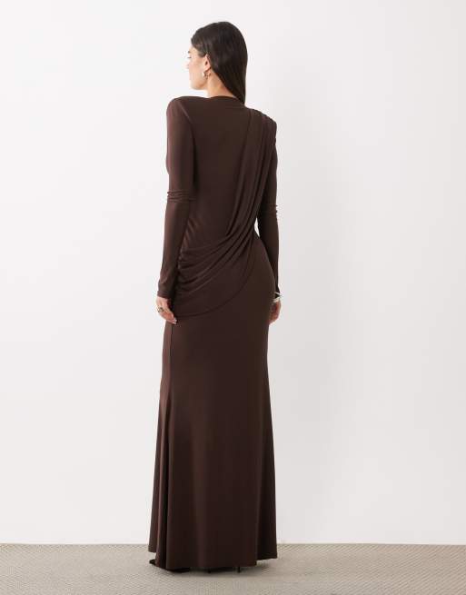 ASOS DESIGN shoulder pad slinky maxi dress with sweeping drape detail in chocolate, 3 of 4