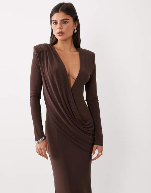 ASOS DESIGN shoulder pad slinky maxi dress with sweeping drape detail in chocolate, 4 of 4