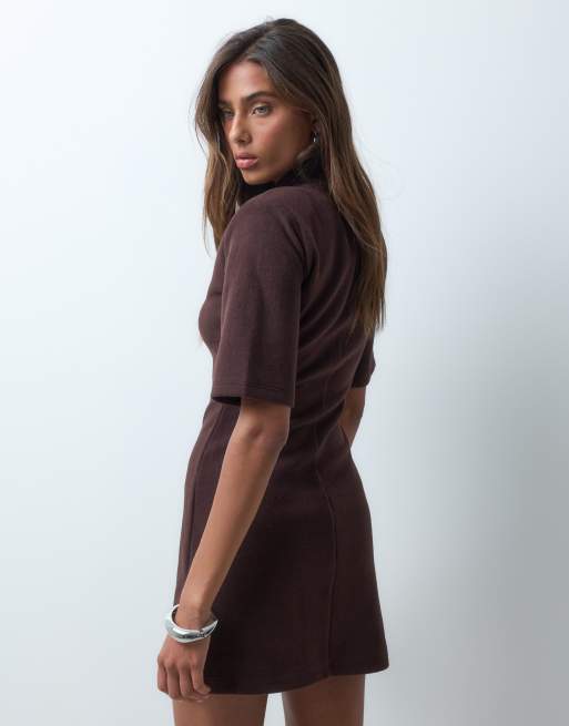 ASOS DESIGN shoulder pad supersoft mini dress in chocolate, 3 of 4