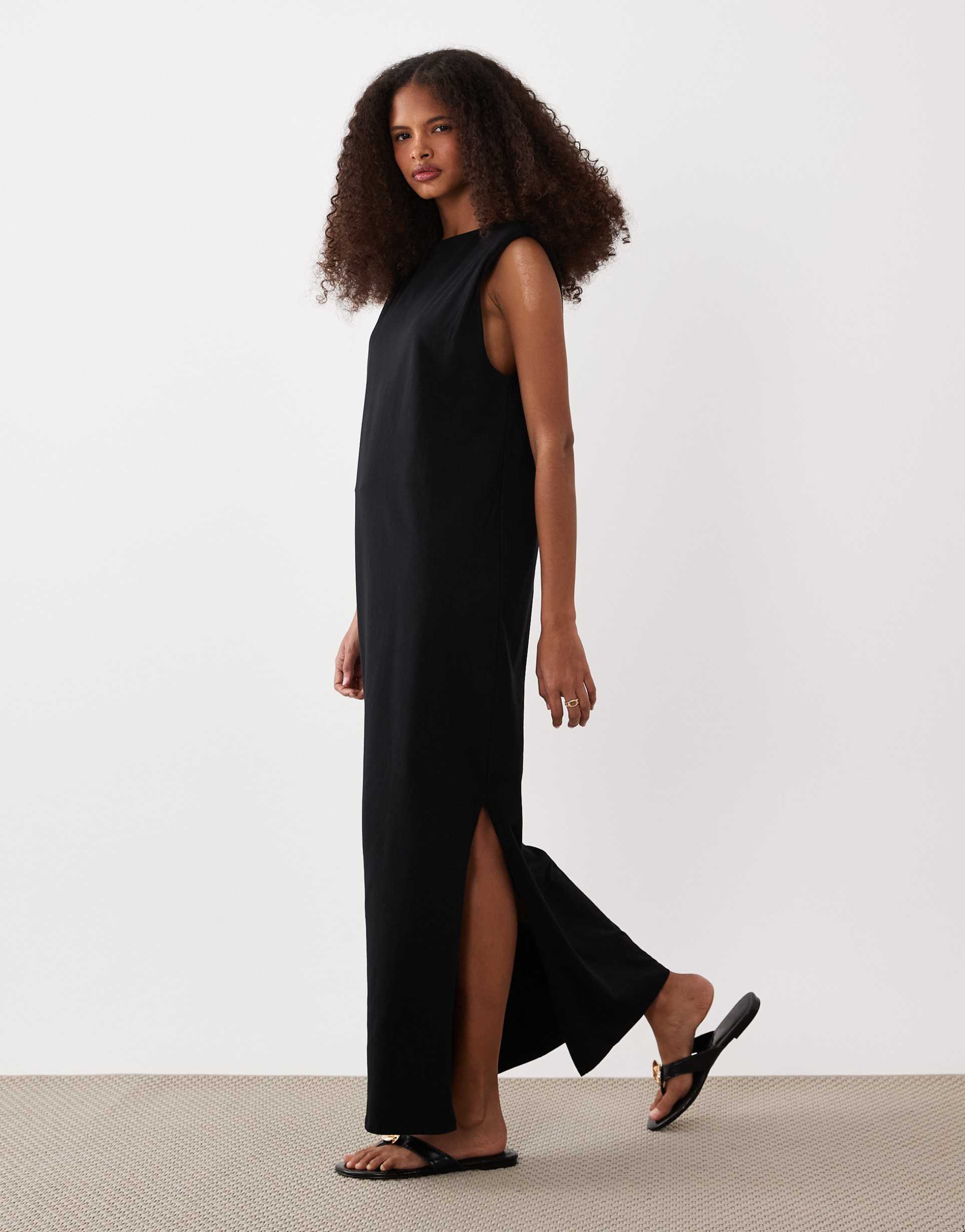 asos design shoulder pad t-shirt midi dress in black