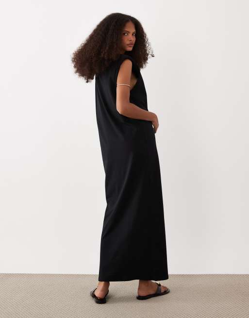 ASOS DESIGN shoulder pad t-shirt midi dress in black, 4 of 4