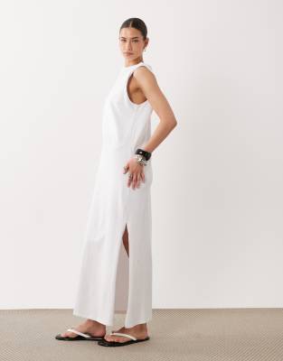 Asos Design Shoulder Pad T-shirt Midi Dress In White