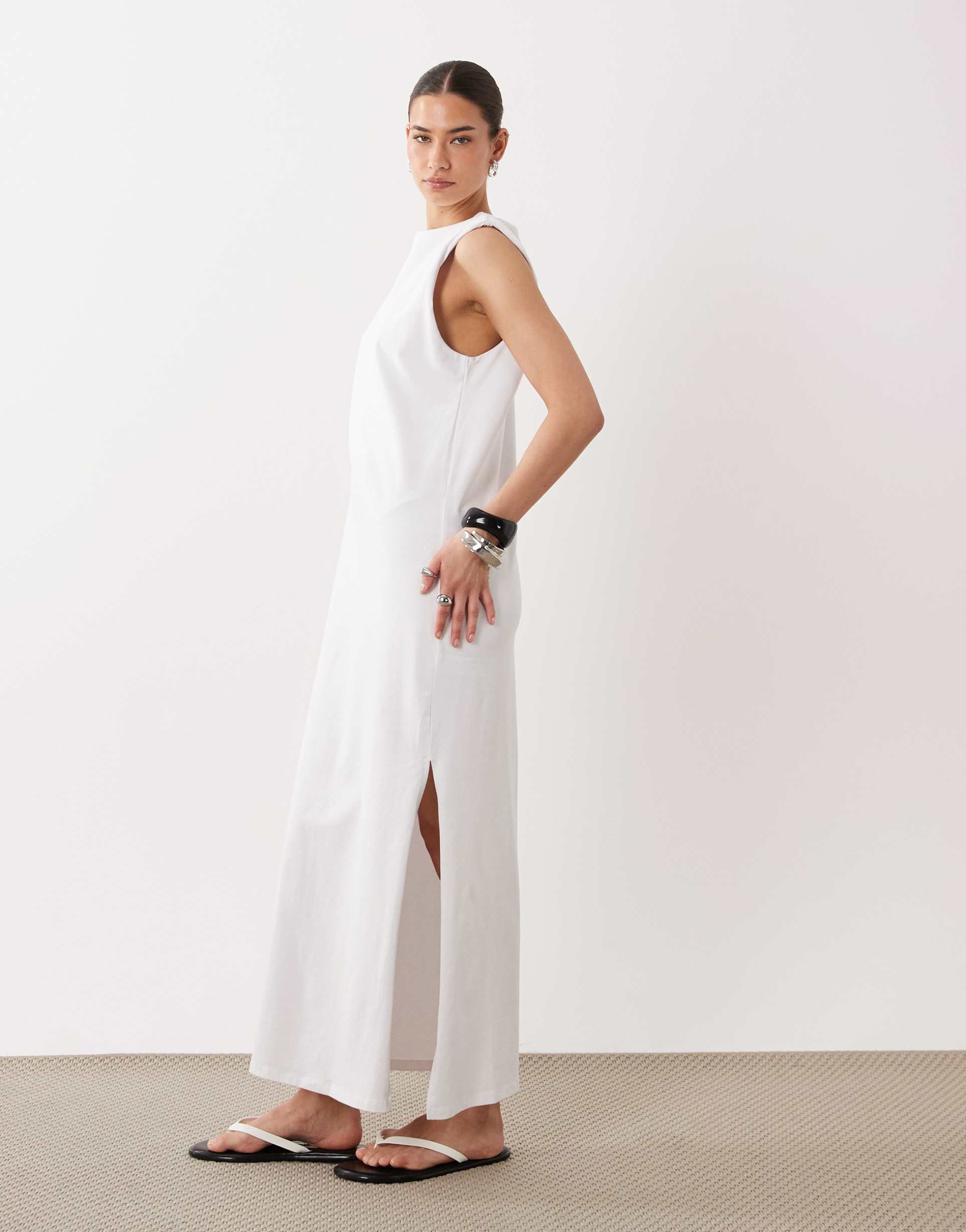 asos design shoulder pad t-shirt midi dress in white