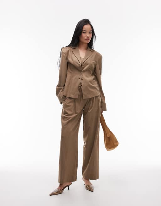 ASOS DESIGN shoulder pad tailored shirt in camel pinstripe, 2 of 4