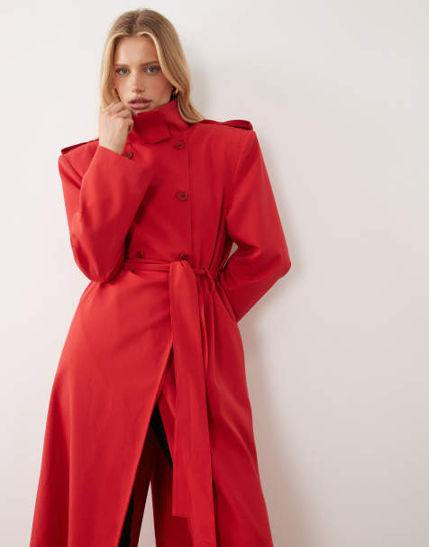 ASOS DESIGN shoulder pad tailored trench coat in red - view 1