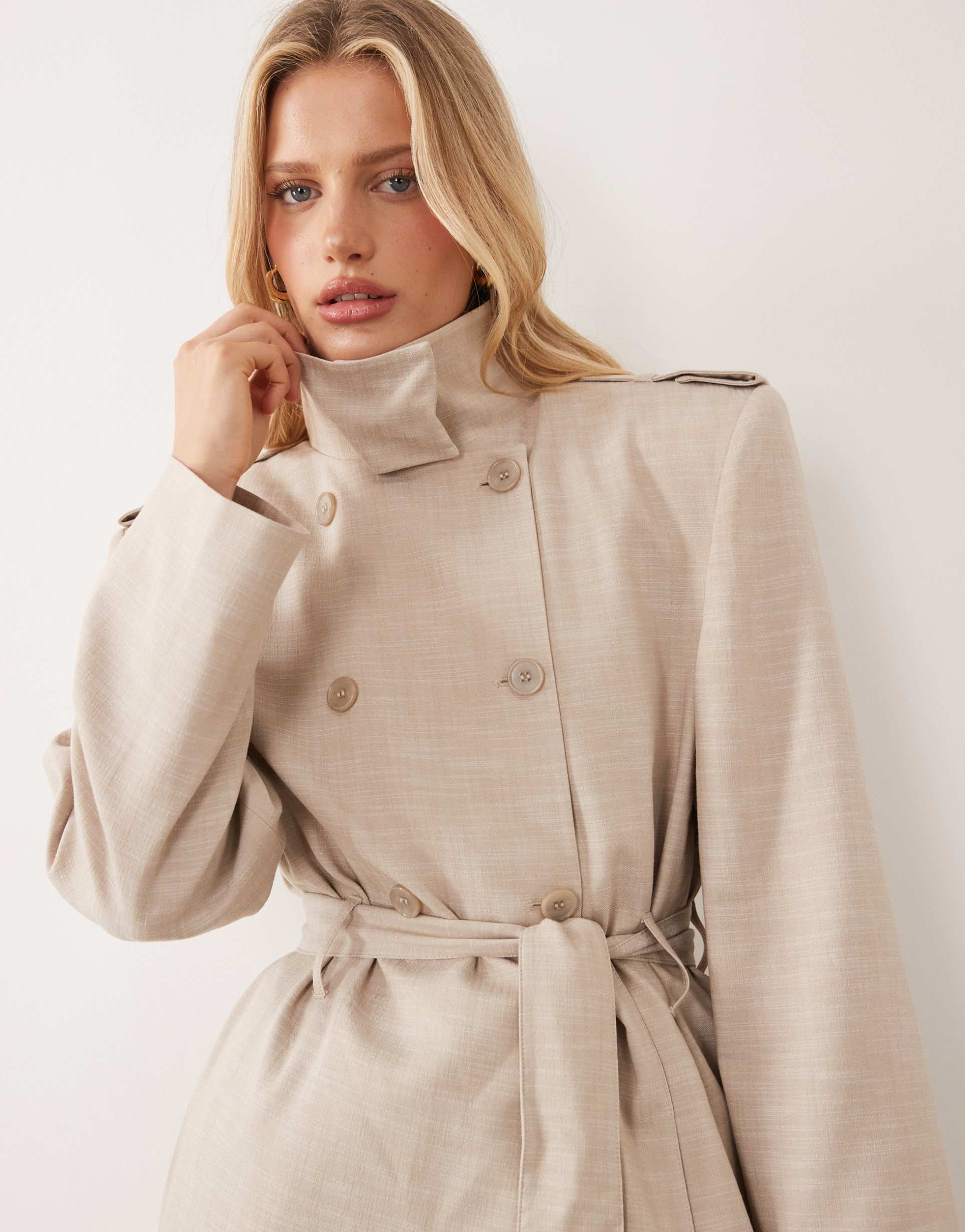 asos design shoulder pad tailored trench coat in stone