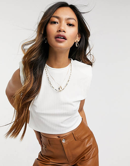  shoulder pad tee in winter white rib co-ord 