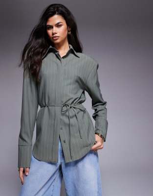 Asos Design Shoulder Pad Tie Back Shirt In Gray