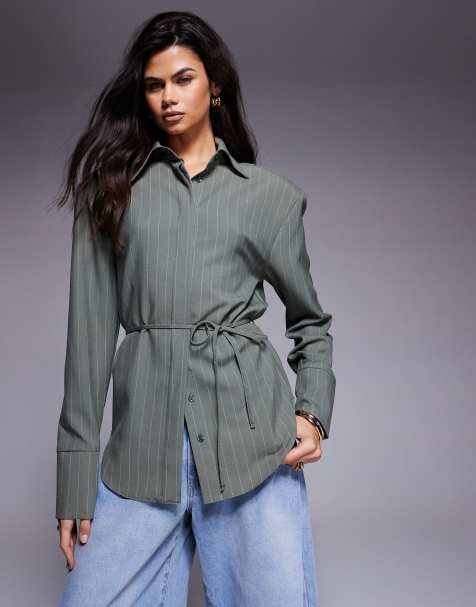 ASOS DESIGN shoulder pad tie back shirt in green pinstripe - view 1