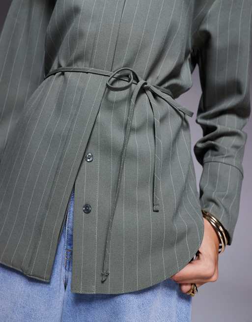 ASOS DESIGN shoulder pad tie back shirt in green pinstripe, 3 of 4