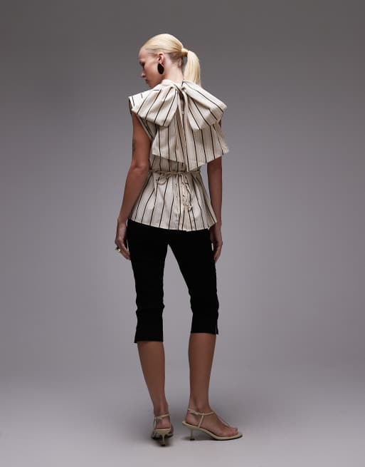 ASOS DESIGN shoulder pad tie neck blouse in buttermilk stripe