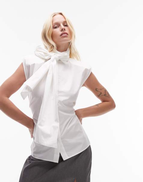 ASOS DESIGN shoulder pad tie neck blouse in ecru - view 1
