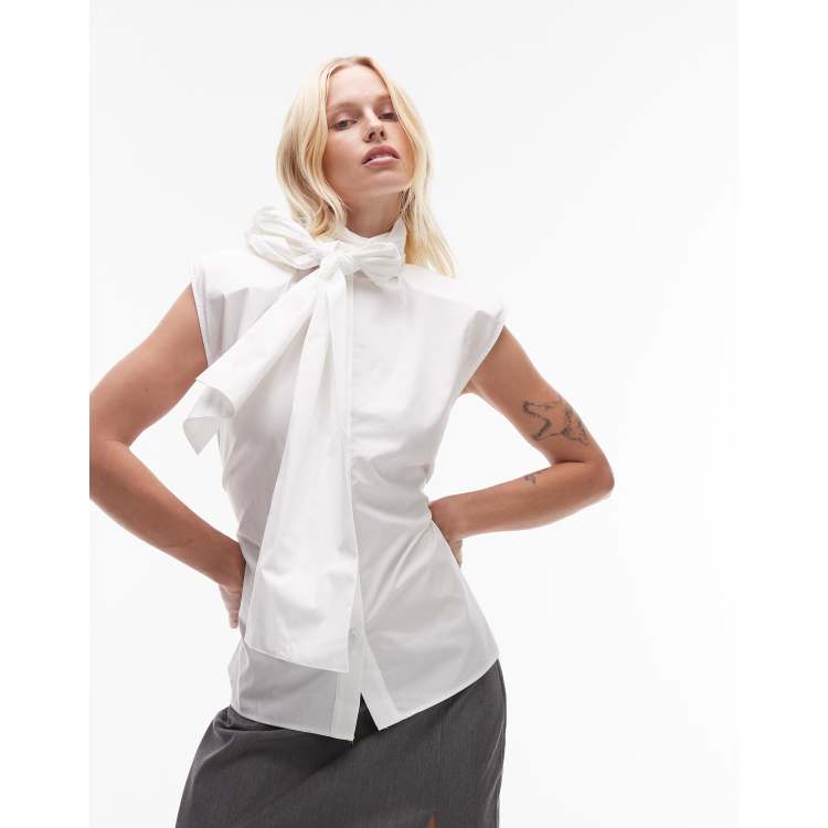 ASOS DESIGN shoulder pad tie neck blouse in ecru | ASOS